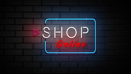 Fototapeta premium Shop online neon sign. Firing word on dark brick wall.