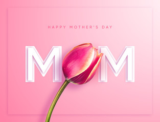 Minimal fresh design for Happy Mothers day greeting card with typographic design and floral tulip elements.