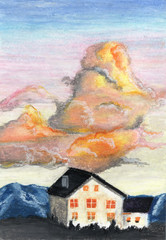 Oil pastels illustration of a meadow and mountains on abackground. There is a two stored house and colorful clouds on the sky