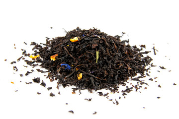 dry black tea leaves isolated on white