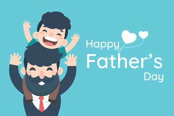 Happy Father's Day. The boy is happy to ride his father's neck, a cartoon businessman carrying his son.