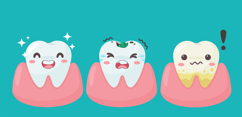 Cartoon teeth and gums inside the mouth are happy with the problem of tooth decay. There are plaque on the teeth.