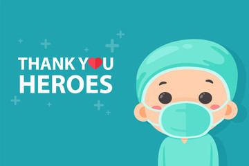 Cartoon doctor assistant happy to see a message, thanking the hero. Tired of working during the corona virus pandemic.