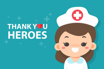Cartoon nurse happy to see a message thanking the hero Tired of working during the corona virus pandemic.