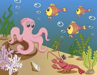 Sea world. Octopus with a lobster. Coloring.  illustration.