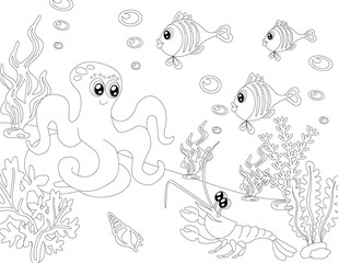 Sea world. Octopus with a lobster. Coloring. Black on white . illustration.