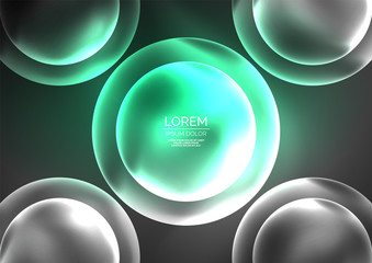 Glowing neon shiny transparent bubbles, glass circles or bio cell concept. Techno futuristic vector abstract background For Wallpaper, Banner, Background, Card, Book Illustration, landing page