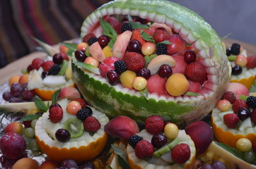 basket made of watermelon with fruit