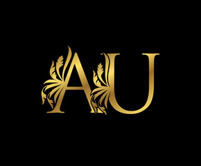 Classy Gold A, U, AU Letter Floral logo. Vintage drawn emblem for book design, weeding card, brand name, business card, Restaurant, Boutique, Hotel. 