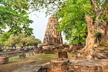 Historical and religious architecture of Thailand - ruins of old Siam capital Ayutthaya. View to brick remains of Wat Mahathat temple