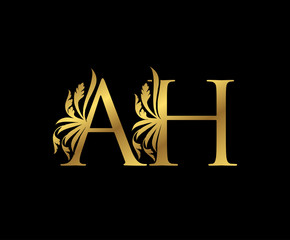 Classy Gold A, H, AH Letter Floral logo. Vintage drawn emblem for book design, weeding card, brand name, business card, Restaurant, Boutique, Hotel. 
