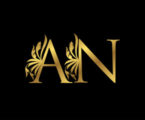 Classy Gold A, N, AN Letter Floral logo. Vintage drawn emblem for book design, weeding card, brand name, business card, Restaurant, Boutique, Hotel. 