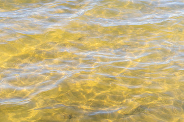 Golden sandy seashore with clear water