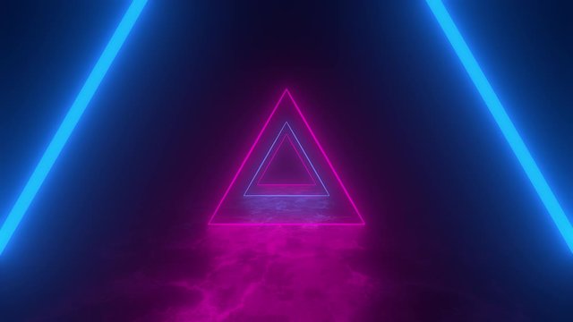 Flying through glowing rotating neon triangles creating a tunnel, blue red pink violet spectrum, fluorescent ultraviolet light, modern colorful lighting. Seamless loop VJ, 4k animation