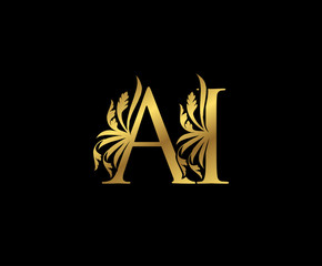 Classy Gold AI Letter Floral logo. Vintage drawn emblem for book design, weeding card, brand name, business card, Restaurant, Boutique, Hotel. 