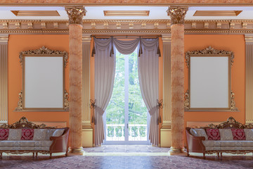 The ballroom and restaurant in classic style. 3D render interior mock up - obrazy, fototapety, plakaty