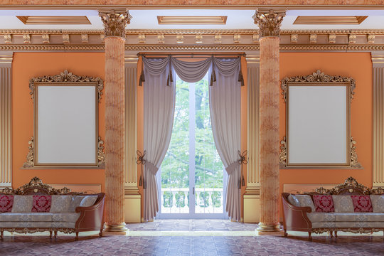 The ballroom and restaurant in classic style. 3D render interior mock up