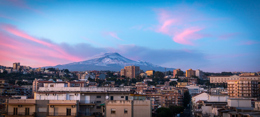 Sunset on the Etna landscape on the city of Catania