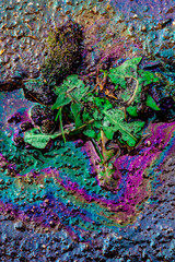 Fuel spill on a ground. Petroleum pollution is toxic for environment. Bright colors from oil spill on asphalt.
