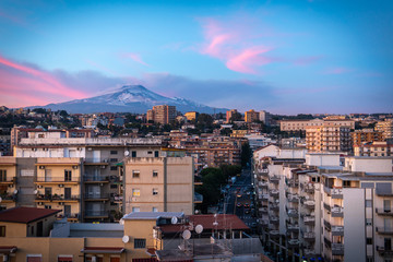 Sunset on the Etna landscape on the city of Catania