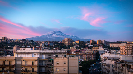 Sunset on the Etna landscape on the city of Catania