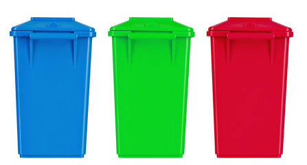 Three colorful recycle bins.