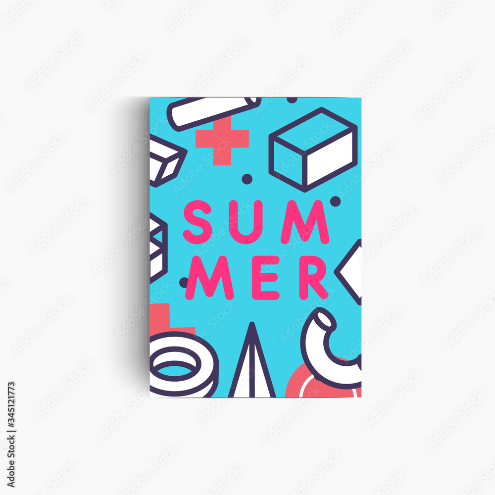 Poster summer vector banner with geometrical pattern on background. poster with modern memphis texture. you
