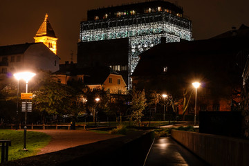Norrkoping, Sweden The Stromparken at night and water from the Motala Strom.