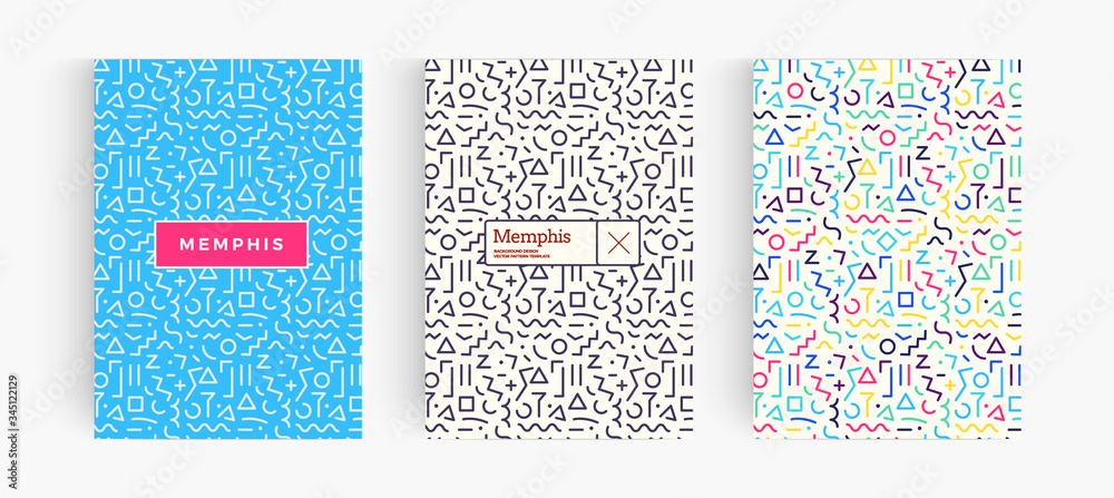 Poster set of geometrical bright posters with abstract geometric shapes, memphis style pattern design for b