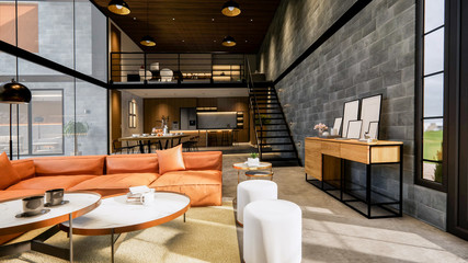 3d rendering. Interior house modern open living space with kitchen.Loft style Duplex  residence .Home decoration luxury  interior-exterior design.Outdoor terrace with swimming pool.