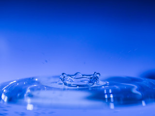 Water drop creating waves ripples and air borne water droplet