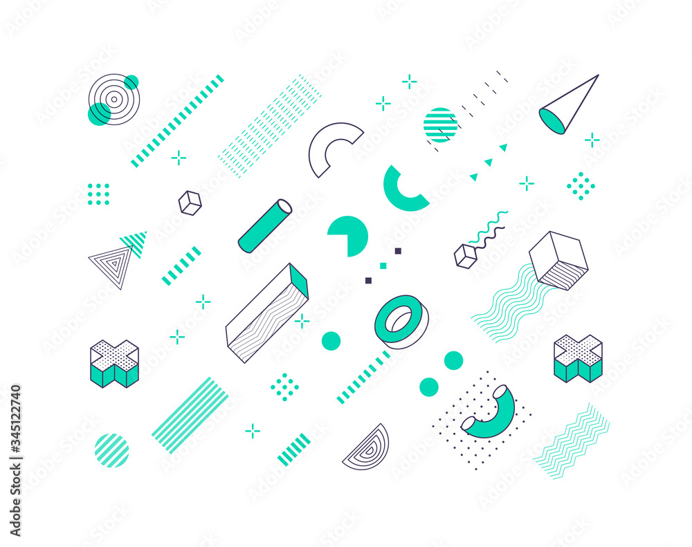 Poster Geometric vector pattern. Geometrical shapes, lines and simple 3d forms. Memphis texture design. Abstract retro pattern of art design background