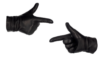 Hands wearing black leather gloves make the finger guns or pointing gesture, view from front and...