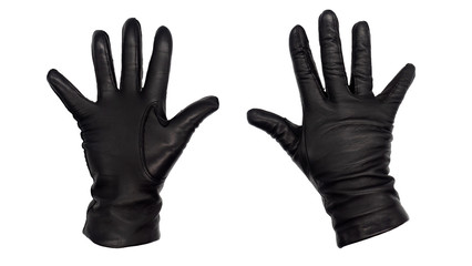 Hands wearing black leather gloves with all fingers and thumb raised in a wave, stop, or hi-five gesture.  View from front and back.  Female hand isolated, no skin