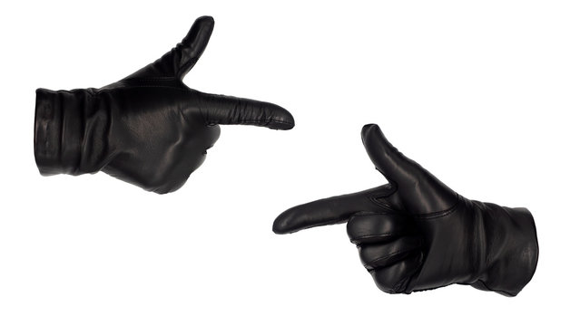 Hands Wearing Black Leather Gloves Make The Finger Guns Or Pointing Gesture, View From Front And Back.  Female Hand Isolated, No Skin