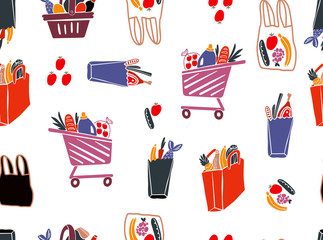 Shopping bags and baskets with grocery flat vector pattern.