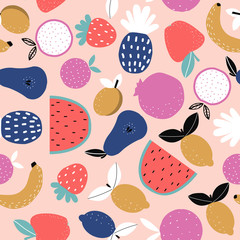 Seamless pattern with summer fruits. Cute colorful print. Vector hand drawn illustration.