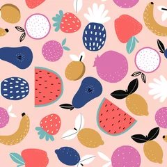 Gardinen Nahtloser herbst Seamless pattern with summer fruits. Cute colorful print. Vector hand drawn illustration.  © bilaaa