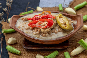Soya Bean dipping sauce with pork in coconut milk dip (Tow Jieow Lon or Lon Taochiao).