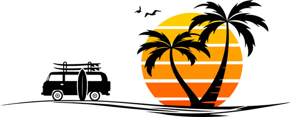 Palm Beach Van Surf Silhouette Vector - obrazy, fototapety, plakaty