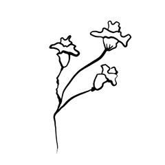 Simple not perfect black branch silhouette with flowers. Icon illustration isolated on white. Hand drawing vector asia sign, symbol. Wabi sabi japanese style.