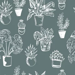 Deurstickers Planten in pot Vector naadloos patroon met kamerplanten in potten in zwarte en witte kleuren.
