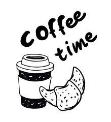 Vector black and white illustration croissant. Poster for cafe
