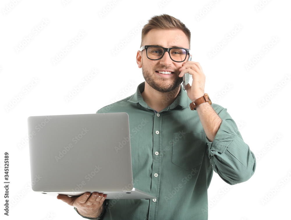 Sticker Young man with laptop talking by mobile phone on white background