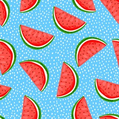 Slices of watermelon and seeds on a blue background. Seamless pattern summer theme tropical backdrop fruit, berries and leaves. Perfect for textile manufacturing wallpaper posters.