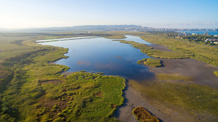 Aerial view of the city of Anapa and Lake Chemburskoe. Krasnodar region. Russia.