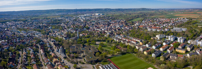 Aerial view of the city Ditzingen in Germany on a sunny morning in early spring
