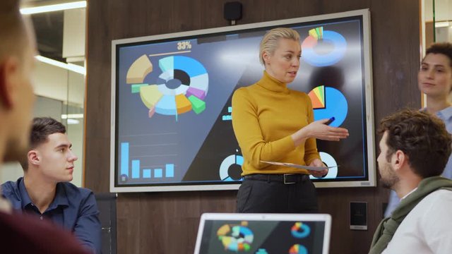 Female CEO with short hair presenting market research standing by digital screen with charts and introducing young newly comer to colleagues applauding in meeting