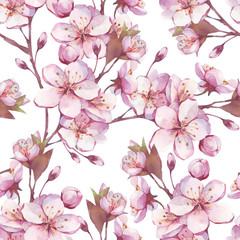 Botanical watercolor seamless pattern. Spring almond, cherry, sakura, peach blooming tree branch hand drawn with watercolor. Vintage floral elements for spring, wedding design. 