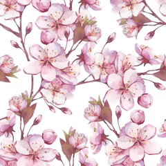 Behang Botanische aquarel naadloze patroon. Lente amandel, kers, sakura, perzik bloeiende boomtak hand getekend met waterverf. Vintage bloemenelementen voor de lente, bruiloftsontwerp. © Tatiana 